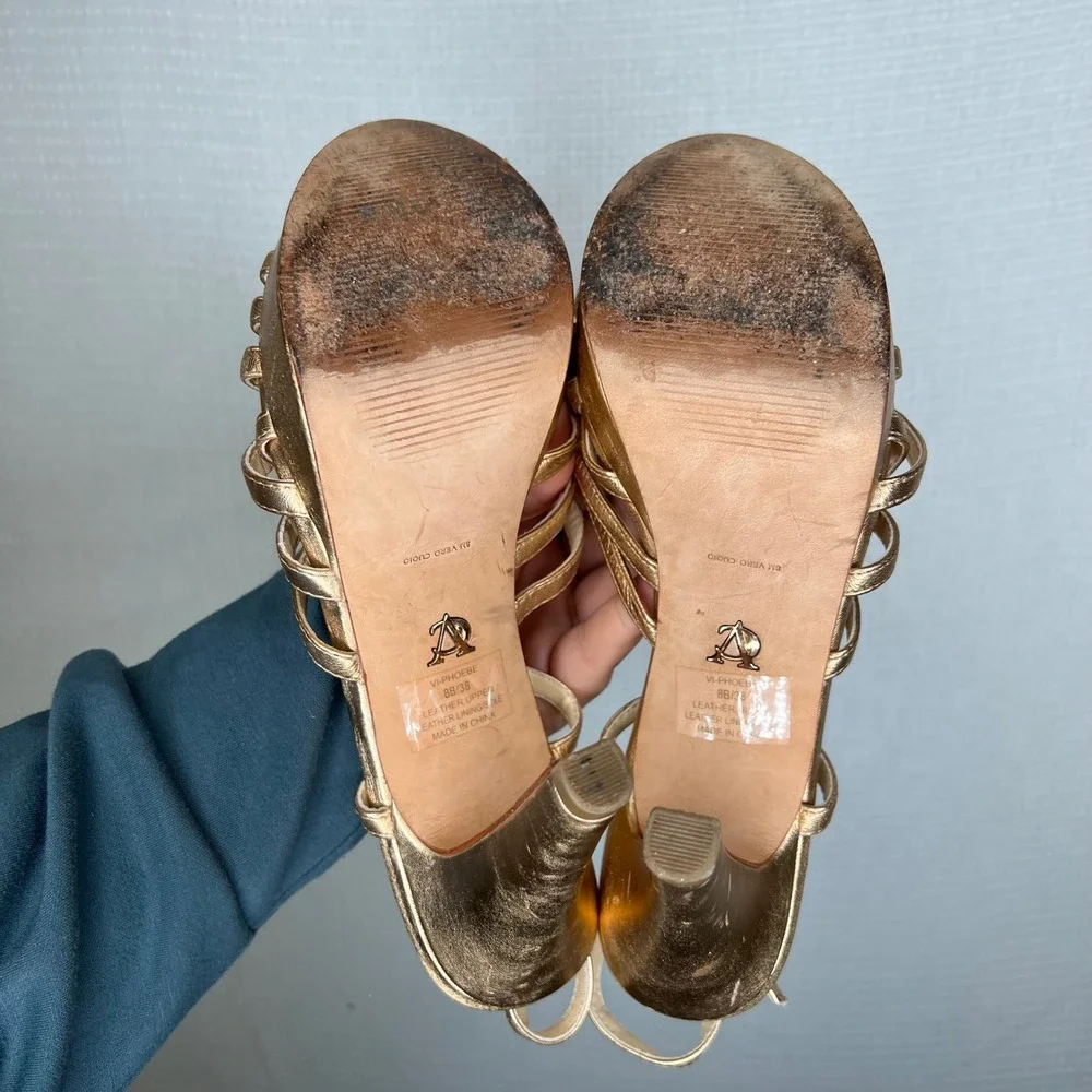 Vince Camino VC Signature Metallic Gold Strappy‎ Heels Toe Ankle Strap Sz 8 / 38